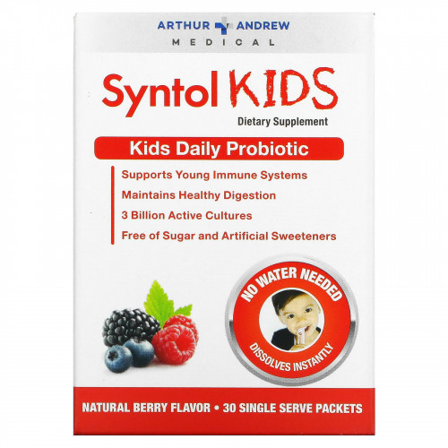 Arthur Andrew Medical, Syntol Kids, ежедневный пробиотик для детей, натуральный ягодный вкус, 30 отдельных порционных пакетиков