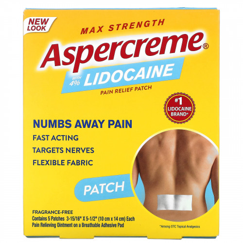 Aspercreme, Обезболивающий пластырь с 4% лидокаином, максимальная сила, без отдушек, 5 пластырей (10 см x 14 см) каждый