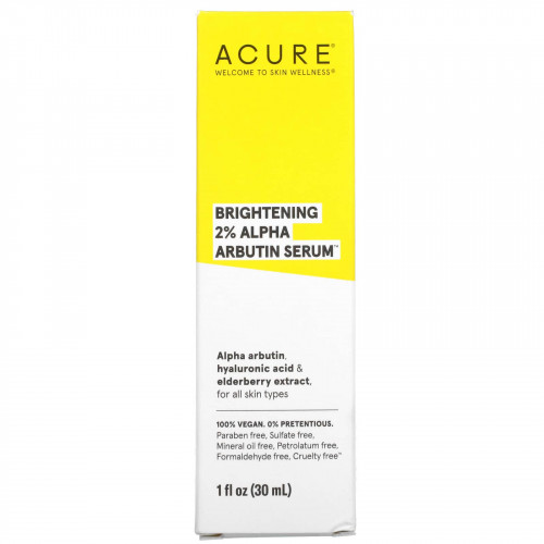 ACURE, Brightening 2% Alpha Arbutin Serum, осветляющая сыворотка с 2% альфа-арбутином, 30 мл (1 жидк. унция)