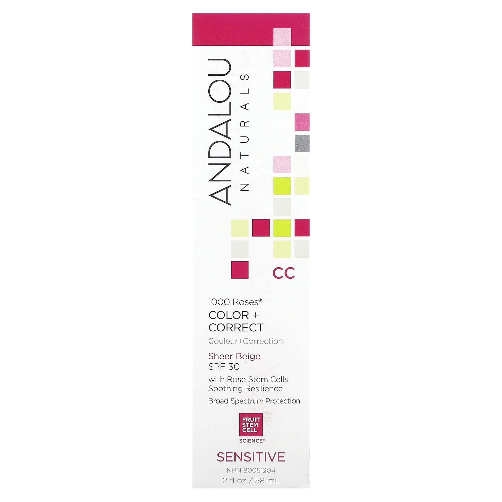 Andalou Naturals, 1000 роз, CC Color + Correct, для чувствительной кожи, SPF 30, чистый бежевый, 58 мл (2 жидк. унции)