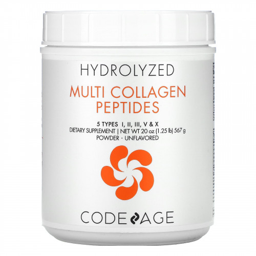 Codeage, Hydrolyzed, мультиколлагеновые пептиды, 5 типов I, II, III, V, X, порошок, без добавок, 567 г (20 унций)