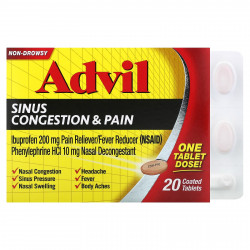 Advil, Заложенность носовых пазух и боль, без сонливости, 20 таблеток, покрытых оболочкой