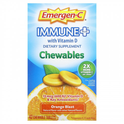 Emergen-C, Immune Plus, с витамином D, апельсиновый сок, 42 жевательные таблетки