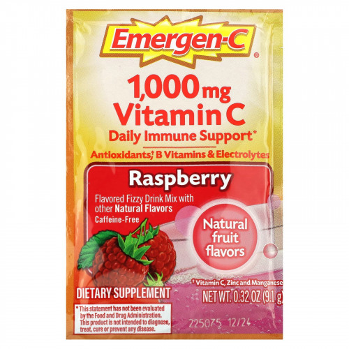Emergen-C, Витамин C, смесь ароматизированных газированных напитков, малина, 1000 мг, 30 пакетиков по 9,1 г (0,32 унции)