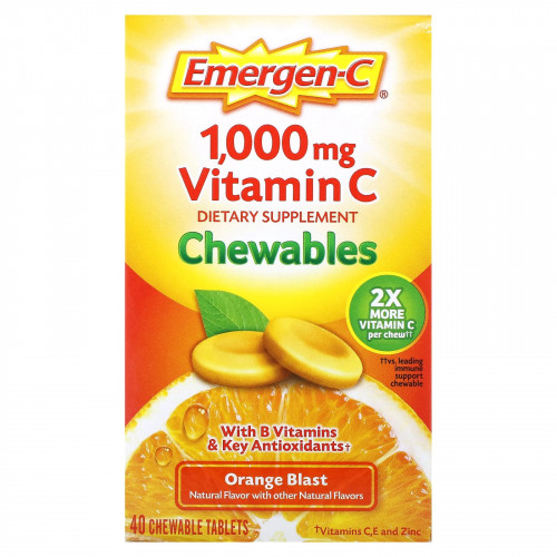 Emergen-C, Жевательные таблетки с витамином C, апельсиновый сок, 500 мг, 40 жевательных таблеток