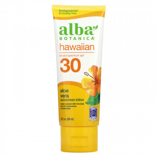 Alba Botanica, Натуральный Гавайский солнцезащитный крем, фактор защиты SPF 30, 4 жидких унций (113 г)