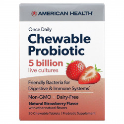American Health, Один раз в день жевательный пробиотик, натуральная клубника, 5 млрд КОЕ, 30 жевательных таблеток