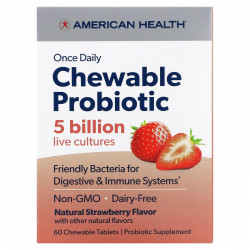 American Health, Один раз в день жевательный пробиотик, натуральная клубника, 5 млрд КОЕ, 60 жевательных таблеток