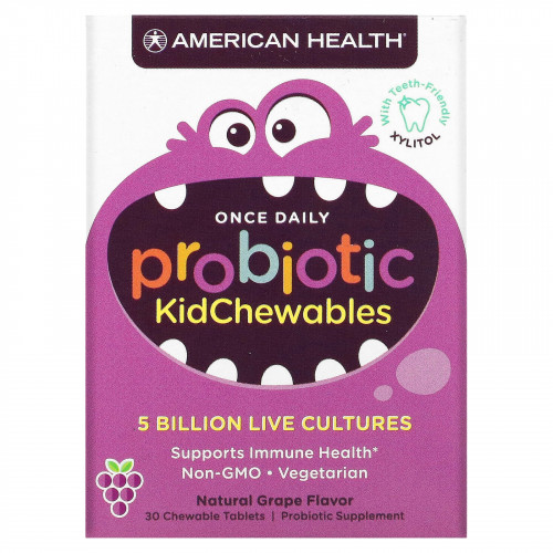American Health, Жевательные таблетки Probiotic Kid, жевательные таблетки, натуральный виноградный вкус, 5 млрд живых культур, 30 жевательных таблеток