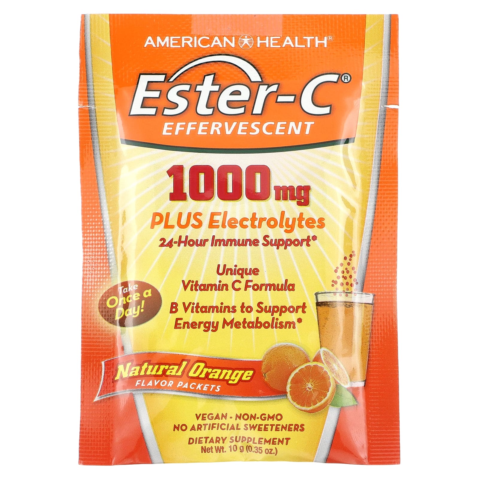 American Health, Ester-C, шипучий вкус, натуральный апельсин, 1000 мг, 21 пакетик по 10 г (0,35 унции)