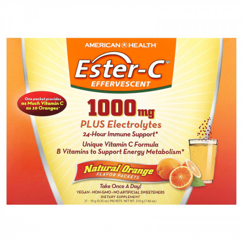 American Health, Ester-C, шипучий вкус, натуральный апельсин, 1000 мг, 21 пакетик по 10 г (0,35 унции)