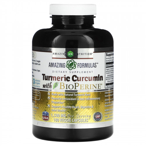 Amazing Nutrition, Куркумин и биоперин, 750 мг, 180 растительных капсул