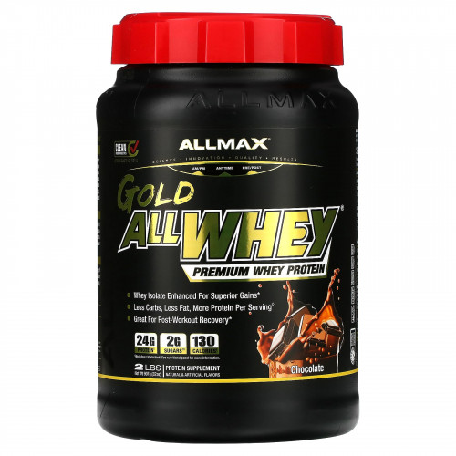ALLMAX, AllWhey Gold, 100 % сывороточный белок + изолят сывороточного белка премиум-качества, со вкусом шоколада, 907 г (2 фунта)