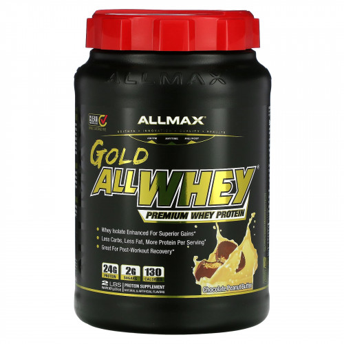 ALLMAX, AllWhey Gold, 100% сывороточный протеин+ премиум-изолят сывороточного протеина, шоколад и арахисовое масло, 2 фунта (907 г)