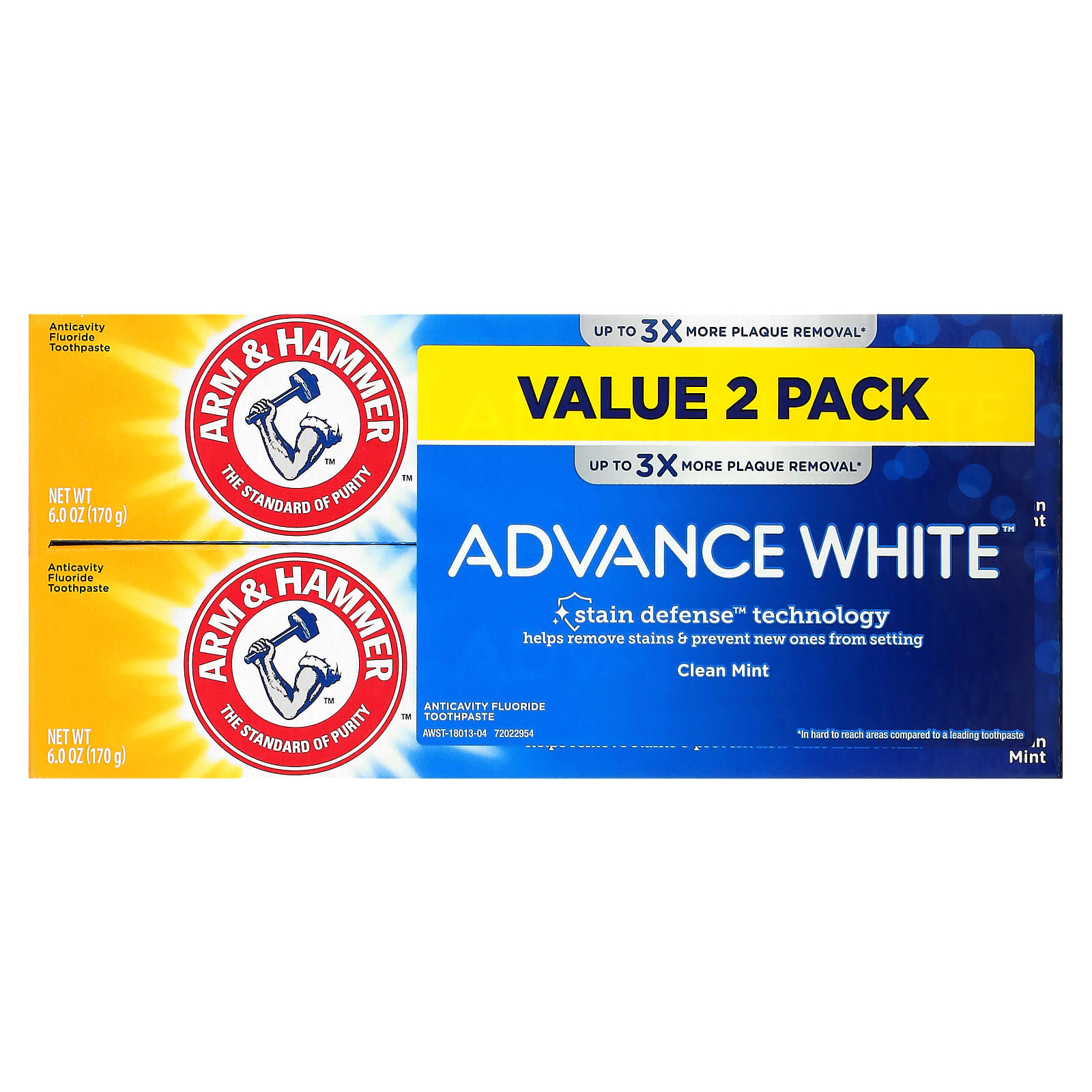 Arm & Hammer, Advance White, отбеливающая зубная паста с фторидом против кариеса, чистая мята, двойная упаковка, 170 г (6 унций) каждая