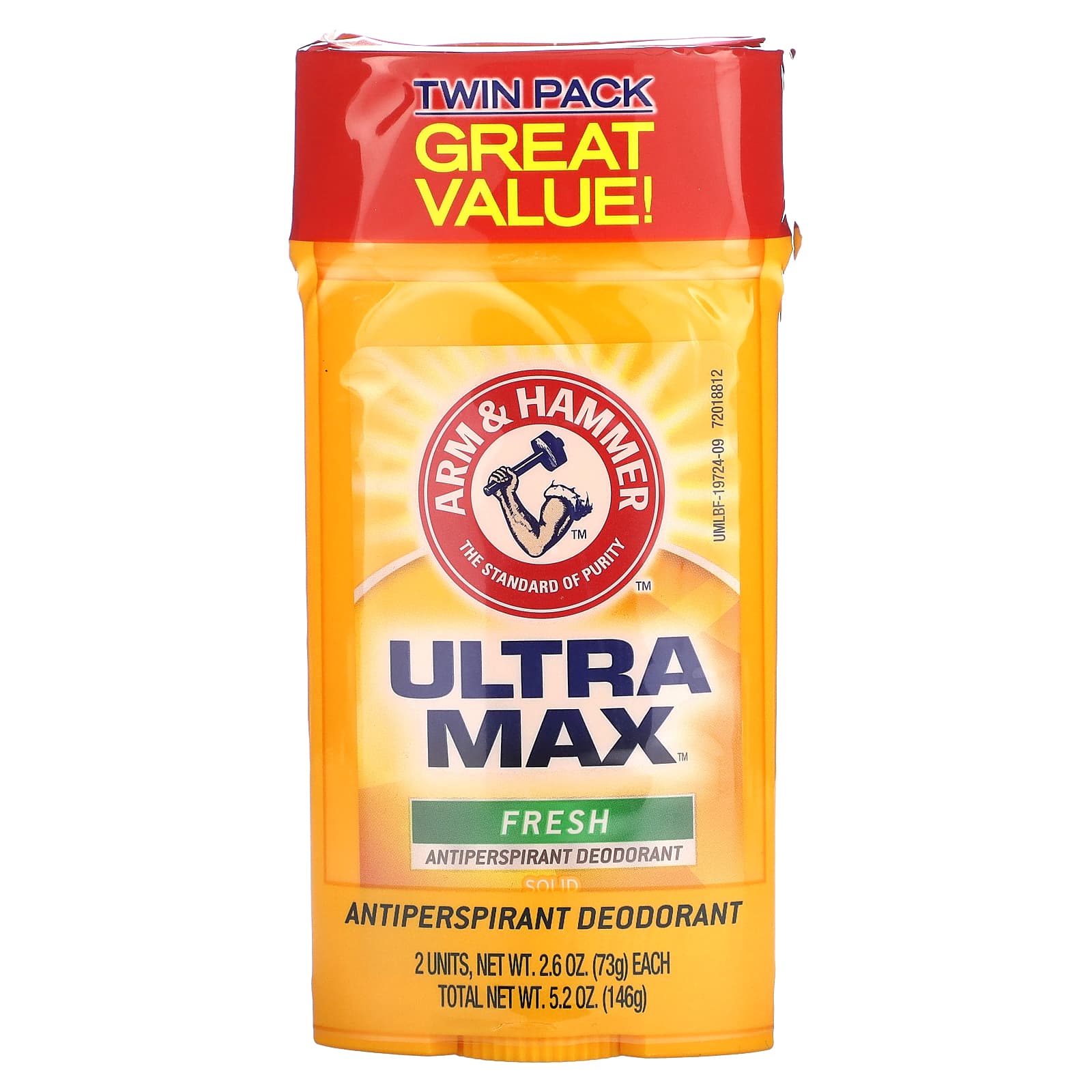 Arm & Hammer, UltraMax, твердый дезодорант-антиперспирант, свежий, 2 упаковки по 73 г (2,6 унции)