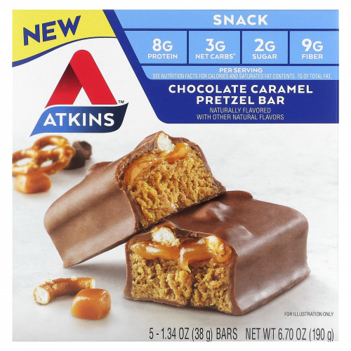Atkins, Snack, шоколадно-карамельный крендель, 5 батончиков по 38 г (1,34 унции)