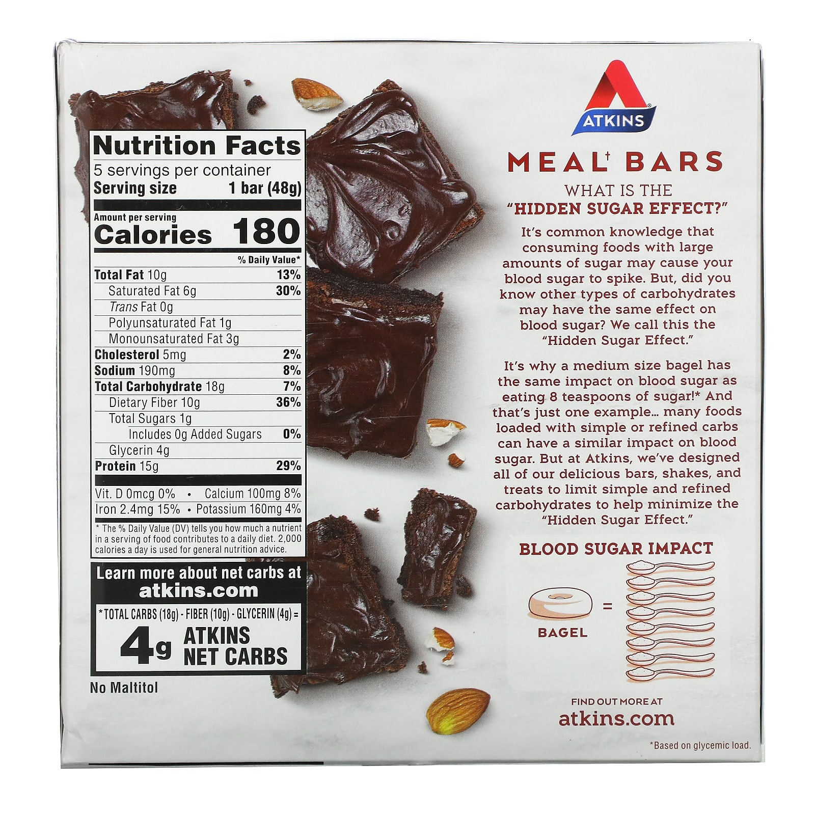 Atkins, Protein Meal Bar, шоколадный батончик с двойной помадкой, 5 батончиков, 48 г (1,69 унции)