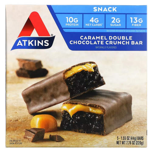 Atkins, Snack, хрустящий батончик для перекуса, карамель и двойной шоколад, 5 штук по 44 г (1,55 унции)