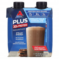Atkins, Plus Protein & Fiber, Сливочный молочный шоколад, 4 коктейля, 11 жидких унций (325 мл) каждый