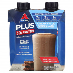 Atkins, Plus Protein & Fiber, Сливочный молочный шоколад, 4 коктейля, 11 жидких унций (325 мл) каждый
