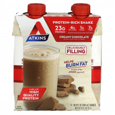 Atkins, Насыщенный протеином коктейль, сливочный шоколад, 4 коктейля, 500 мл (16,9 жидк. Унции)