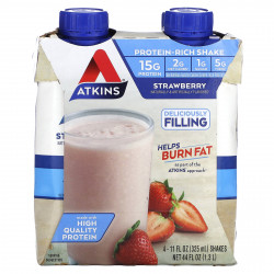 Atkins, Насыщенный протеином коктейль, клубника, 4 коктейля, по 325 мл (11 жидк. Унций)
