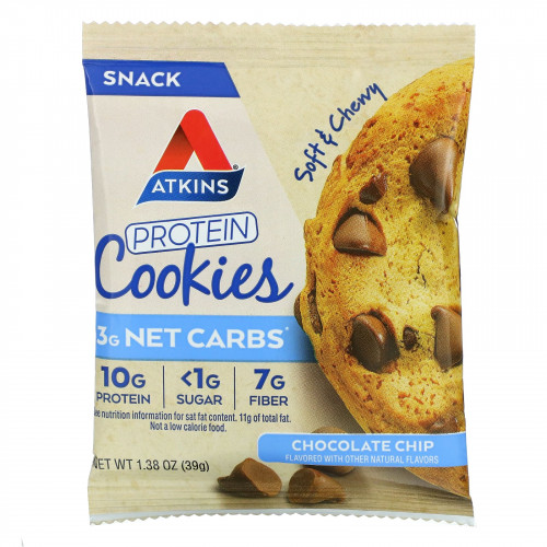 Atkins, Snack, протеиновое печенье, шоколадная крошка, 4 печенья, 39 г (1,38 унции)