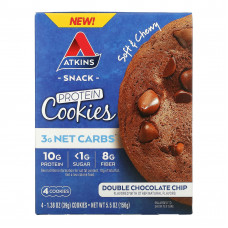 Atkins, Snack, протеиновое печенье, двойная шоколадная крошка, 4 печенья, 39 г (1,38 унции)
