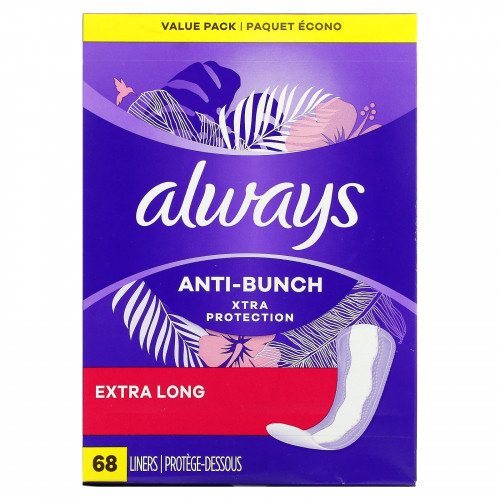 Always, Ежедневные вкладыши Anti-Bunch Xtra Protection, удлиненные, 68 вкладышей