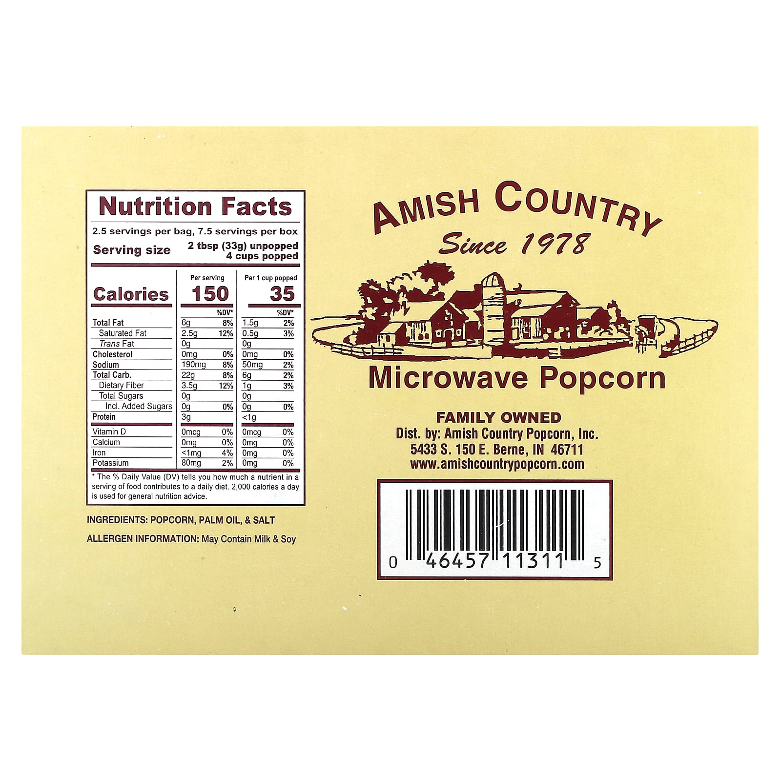 Amish Country Popcorn, Попкорн в микроволновой печи, облегченный натуральный, 3 пакетика по 85 г (3 унции)