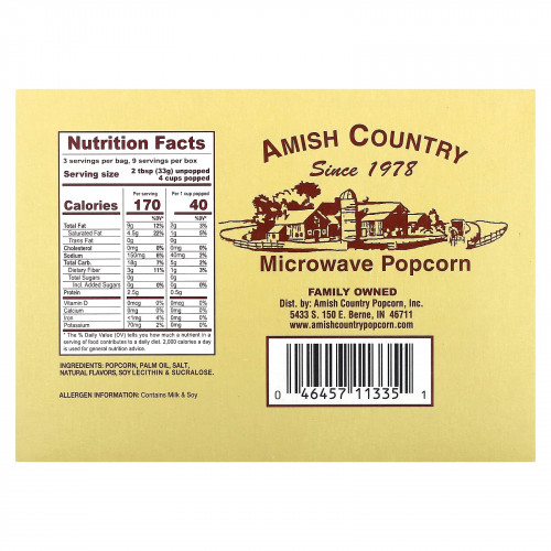 Amish Country Popcorn, Попкорн в микроволновой печи, сладкая кукуруза, 3 пакетика по 99 г (3,5 унции)