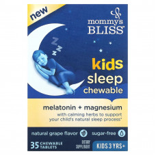 Mommy's Bliss, детские жевательные таблетки для сна, мелатонин + магний, для детей от 3 лет, натуральный виноград, 35 жевательных таблеток