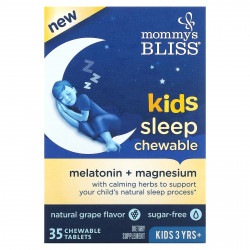 Mommy's Bliss, детские жевательные таблетки для сна, мелатонин + магний, для детей от 3 лет, натуральный виноград, 35 жевательных таблеток
