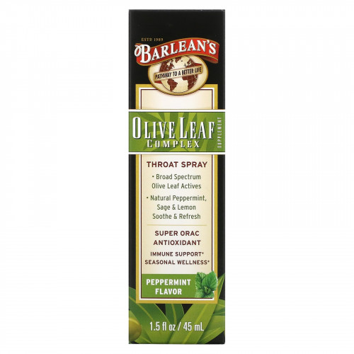 Barlean's, Olive Leaf Complex, спрей для горла на основе оливковых листьев, со вкусом перечной мяты, 45 мл (1,5 жидк. унции)
