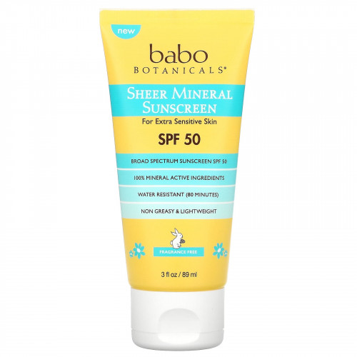 Babo Botanicals, Чистое минеральное солнцезащитное средство, SPF 50, без отдушек, 89 мл (3 жидк. Унции)