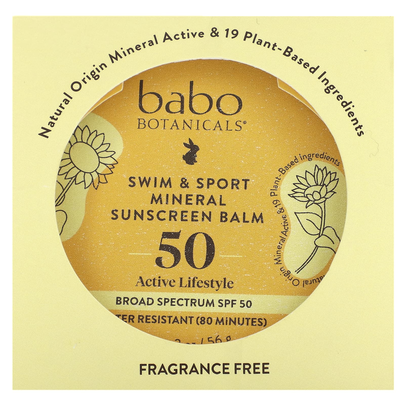 Babo Botanicals, Минеральный солнцезащитный бальзам для плавания и спорта, SPF 50, без отдушек, 56 г (2 унции)