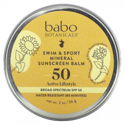 Babo Botanicals, Минеральный солнцезащитный бальзам для плавания и спорта, SPF 50, без отдушек, 56 г (2 унции)