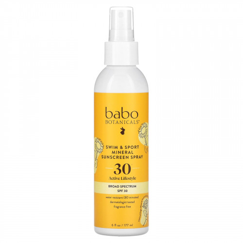 Babo Botanicals, Swim & Sport, солнцезащитный спрей с минералами, SPF 30, 177 мл (6 жидк. Унций)