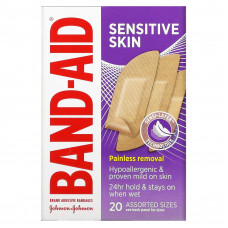 Band Aid, лейкопластыри, для чувствительной кожи, 20 штук разных размеров