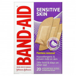 Band Aid, лейкопластыри, для чувствительной кожи, 20 штук разных размеров