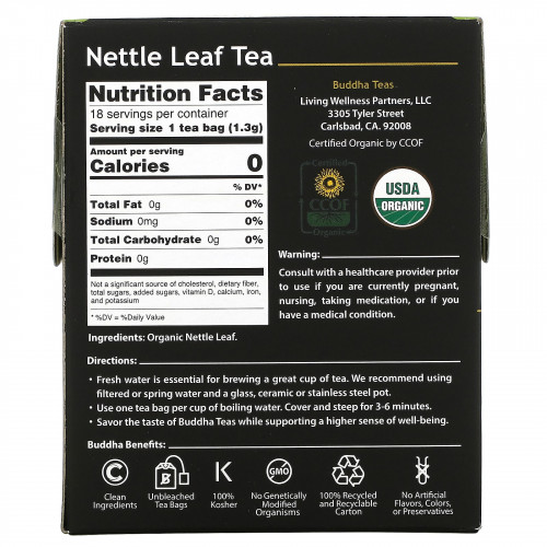 Buddha Teas, Organic Herbal Tea, листья крапивы, 18 чайных пакетиков, 24 г (0,83 унции)