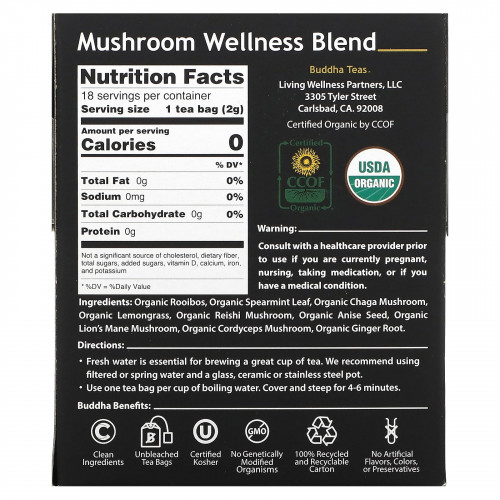 Buddha Teas, органический травяной чай, смесь грибов для хорошего самочувствия, без кофеина, 18 чайных пакетиков, 32 г (1,14 унции)