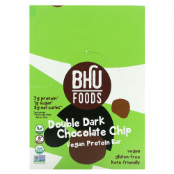 BHU Foods, Веганский протеиновый батончик, двойная крошка из темного шоколада, 12 батончиков по 45 г (1,6 унции)