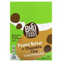BHU Foods, Веганский протеиновый батончик, арахисовая паста и шоколадная крошка, 12 батончиков по 45 г (1,6 унции)