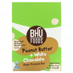 BHU Foods, Растительный протеиновый батончик, арахисовая паста + белый шоколад, 12 батончиков по 45 г (1,6 унции)