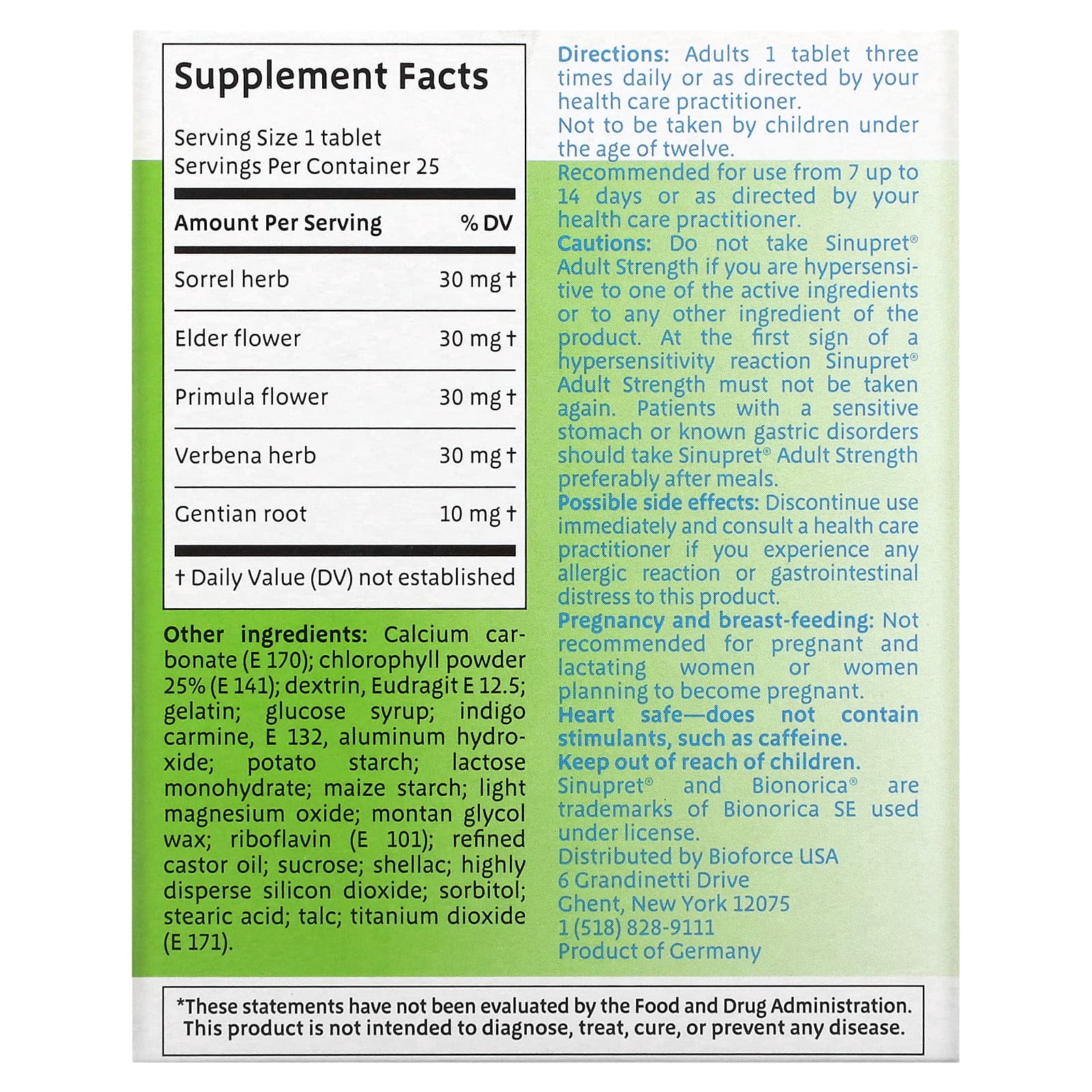 Bionorica, Sinupret, Adult Strength, поддержка здоровья носовых пазух и иммунной системы для взрослых, 25 таблеток