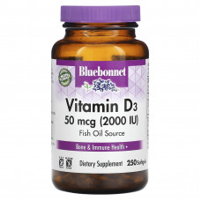 Bluebonnet Nutrition, витамин D3, 50 мкг (2000 МЕ), 250 капсул