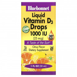 Bluebonnet Nutrition, Жидкий витамин D3, в каплях, натуральный цитрусовый вкус, 1,000 МЕ, 1 жидкая унция (30 мл)