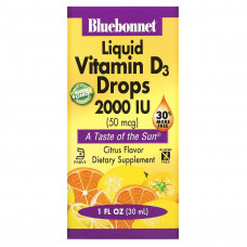 Bluebonnet Nutrition, Жидкий витамин D3 в каплях с натуральным цитрусовым вкусом, 2000 МЕ, 30 мл (1 жидкая унция)